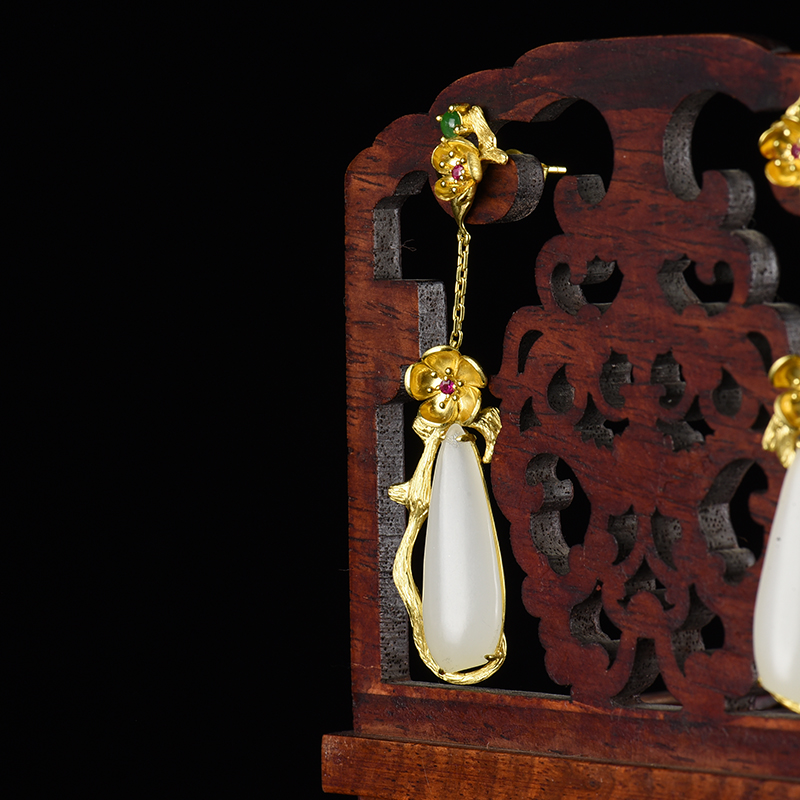 18k籽料和田白玉耳坠-红掌柜