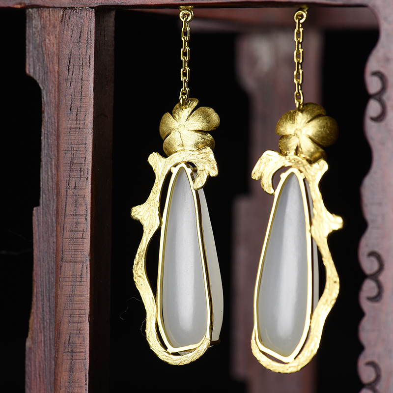 18k金镶和田白玉耳坠-红掌柜