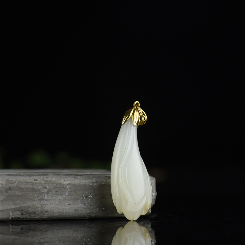 金镶和田白玉玉兰吊坠-红掌柜