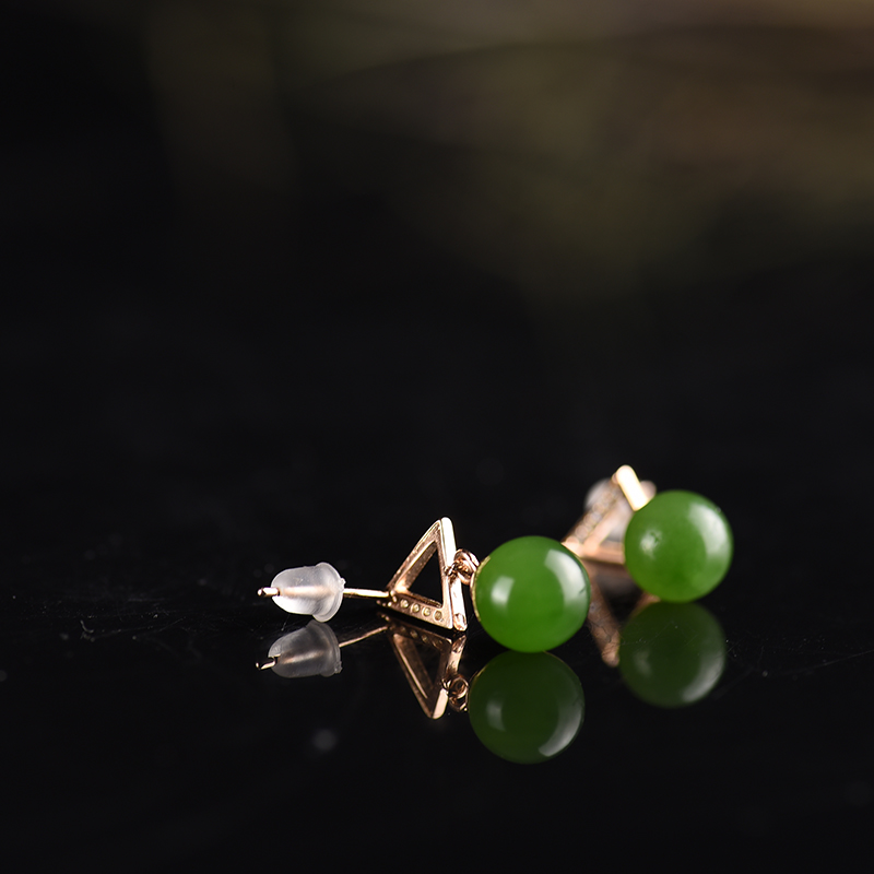 银镶锆石和田玉圆珠耳钉-红掌柜