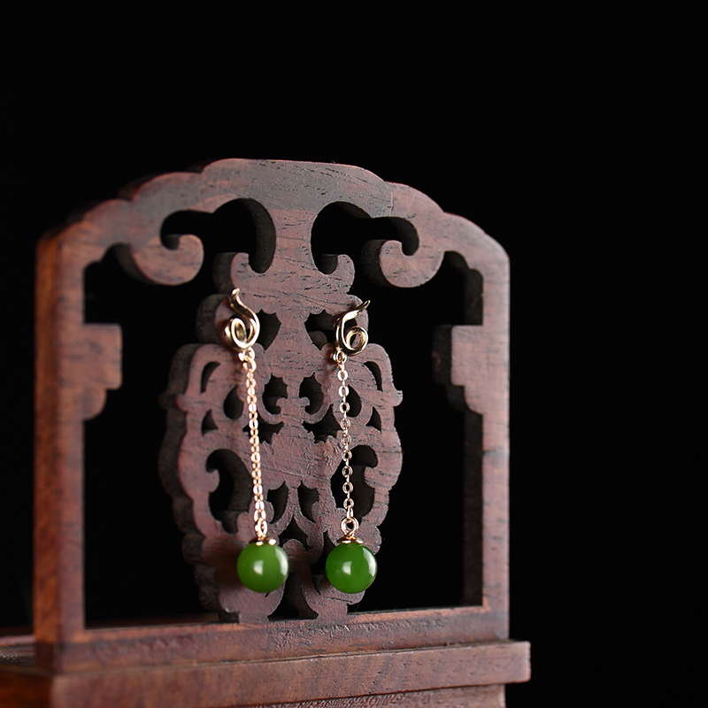 和田碧玉圆珠耳坠-红掌柜