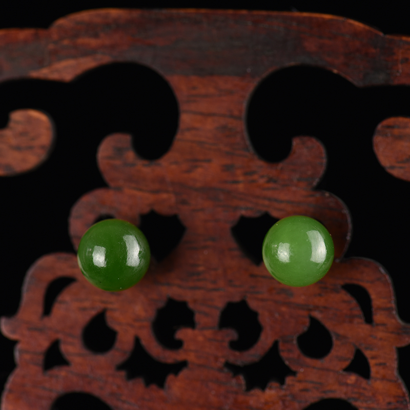 银镶和田碧玉圆珠耳钉-红掌柜