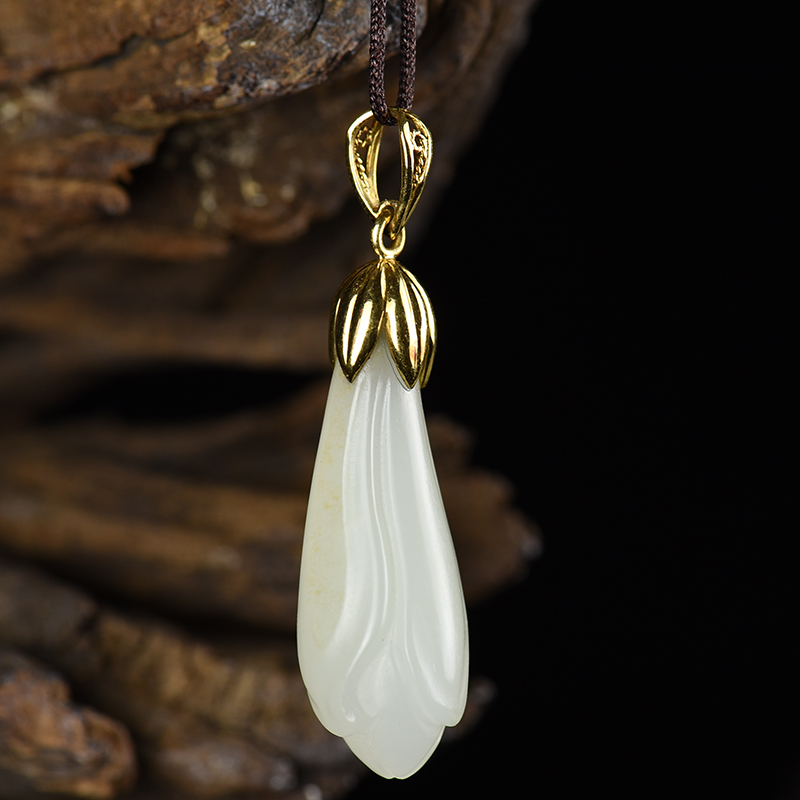 天然籽料和田白玉玉兰花吊坠-红掌柜