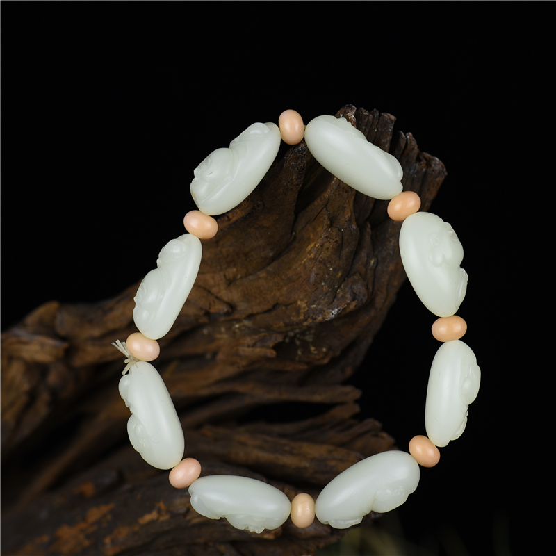 籽料和田白玉弥勒佛单圈手串-红掌柜