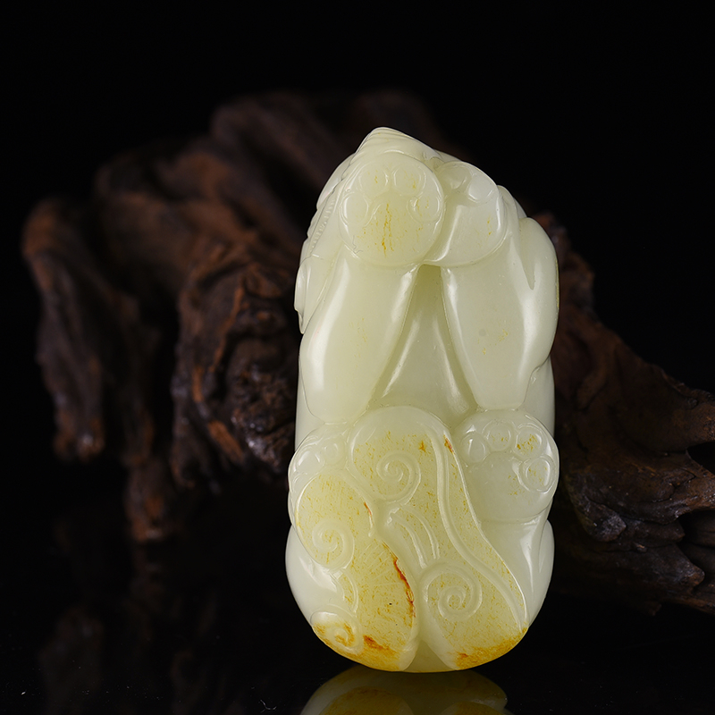 新疆山料和田青白玉吉祥如意摆件-红掌柜