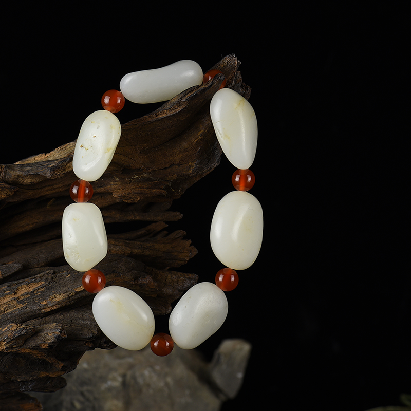 新疆天然籽料和田白玉原石手串-红掌柜