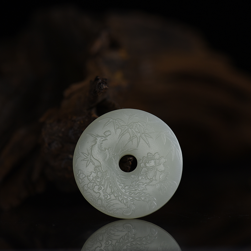 天然山料和田白玉凤穿牡丹平安扣吊坠-红掌柜