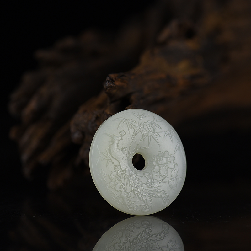 山料和田白玉凤穿牡丹平安扣吊坠-红掌柜