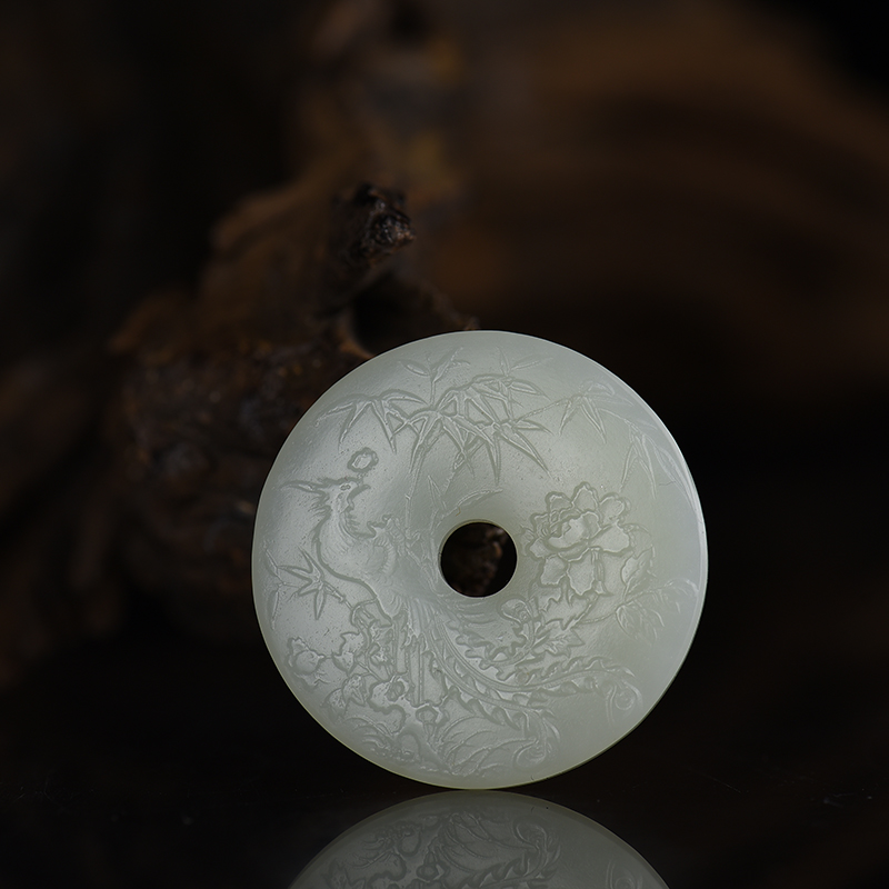 天然山料和田玉凤穿牡丹平安扣吊坠-红掌柜