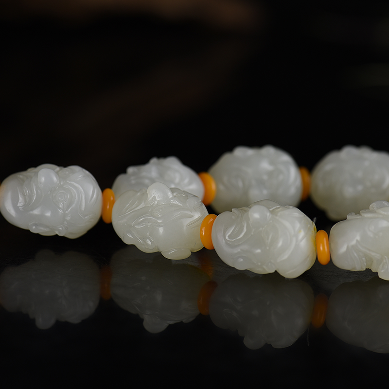 天然籽料和田白玉十八罗汉单圈手串-红掌柜