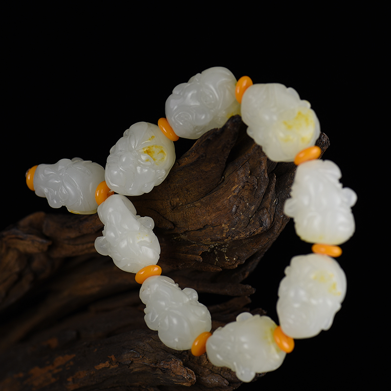 新疆天然籽料和田白玉单圈手串-红掌柜