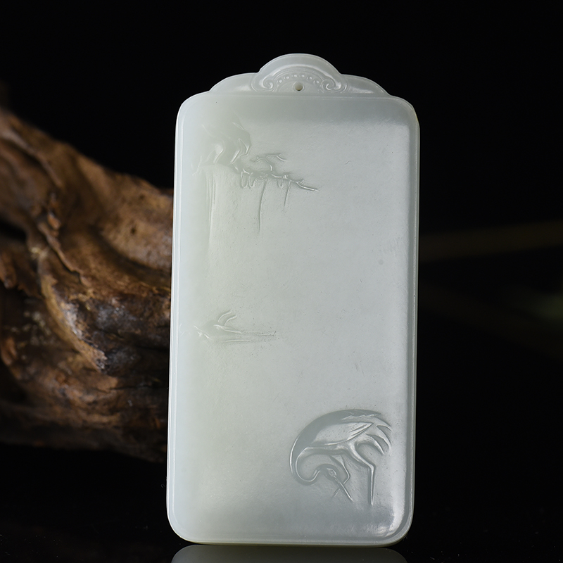 山料和田白玉松鹤延年吊坠-红掌柜