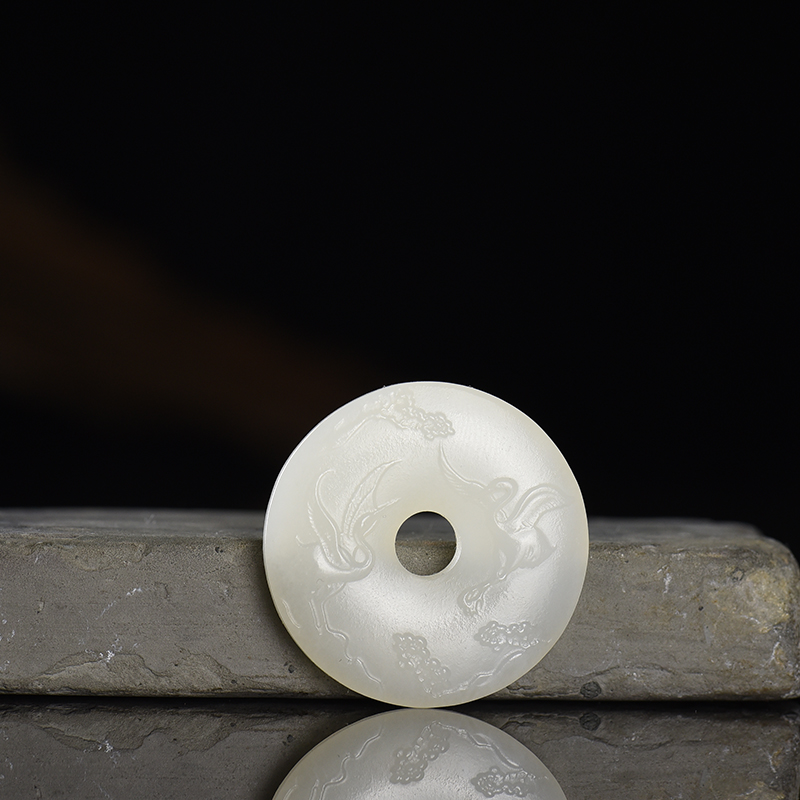 新疆山料和田羊脂白玉松鹤延年平安扣吊坠-红掌柜