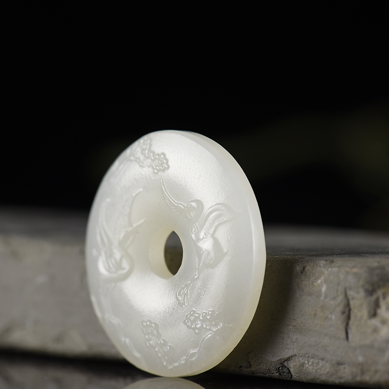 新疆和田羊脂白玉松鹤延年平安扣吊坠-红掌柜