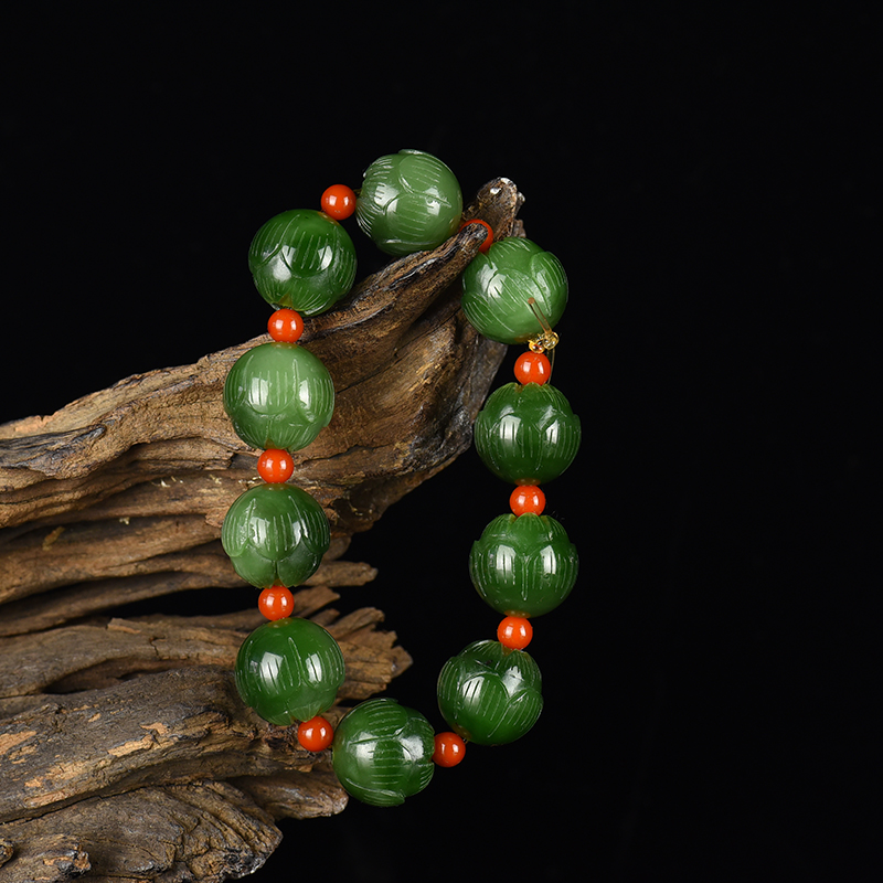 新疆天然山料和田碧玉莲花单圈手串-红掌柜