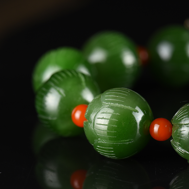 新疆天然和田碧玉莲花单圈手串-红掌柜