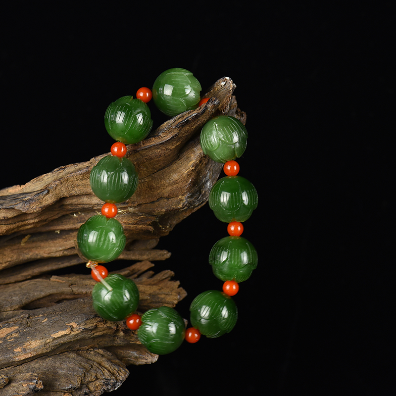 天然山料和田碧玉莲花单圈手串-红掌柜