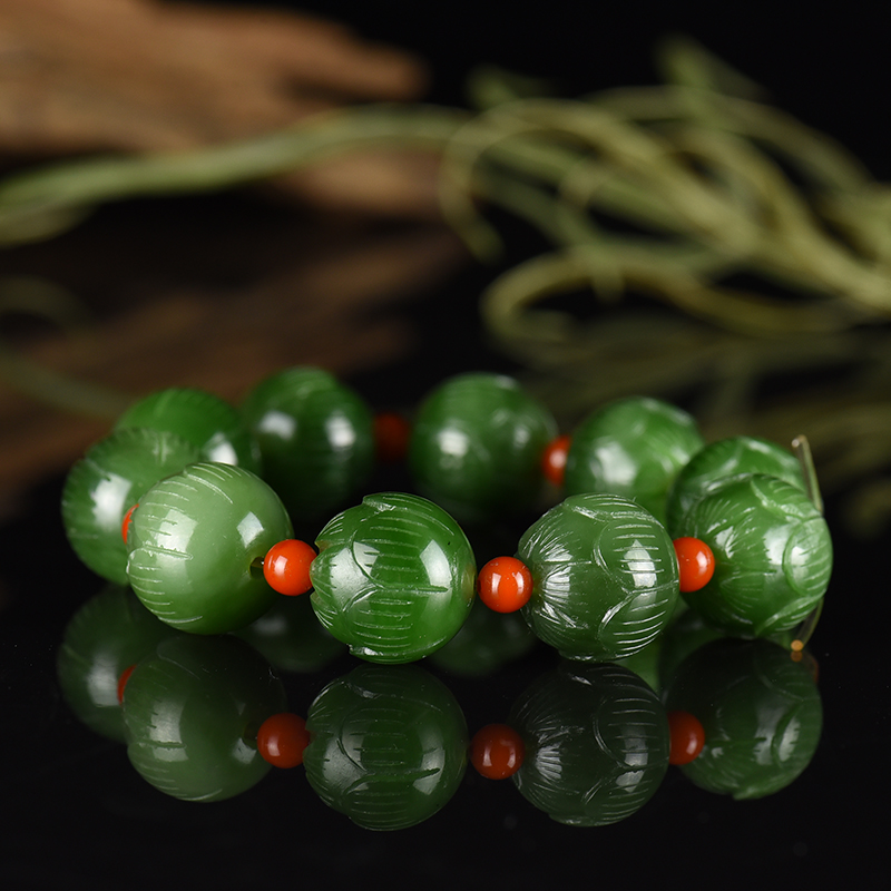 新疆山料和田碧玉莲花单圈手串-红掌柜