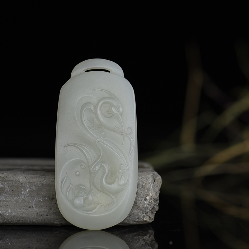 新疆天然籽料和田青白玉松鹤延年吊坠-红掌柜