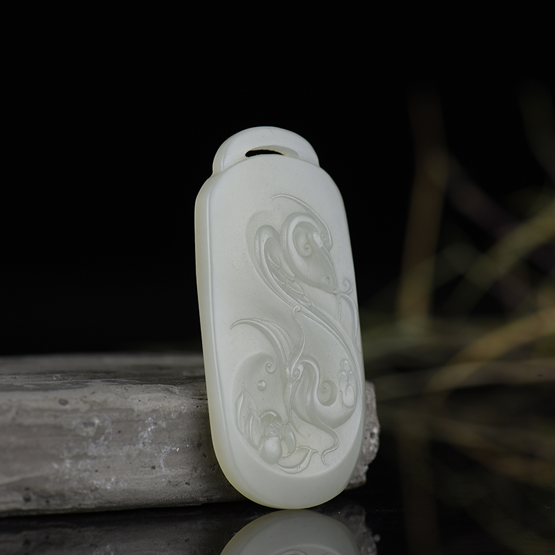 天然籽料和田青白玉松鹤延年吊坠-红掌柜