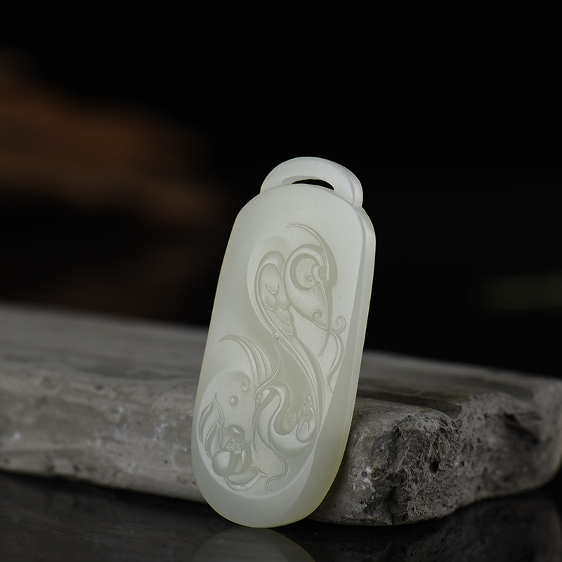 新疆籽料和田青白玉松鹤延年吊坠-红掌柜