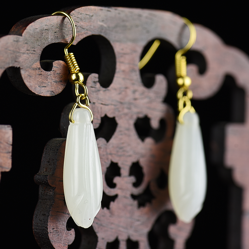 山料天然和田白玉玉兰花耳环-红掌柜