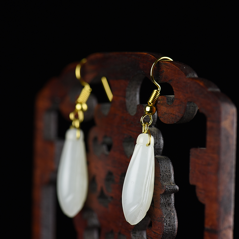 银镶天然和田白玉玉兰花耳环-红掌柜