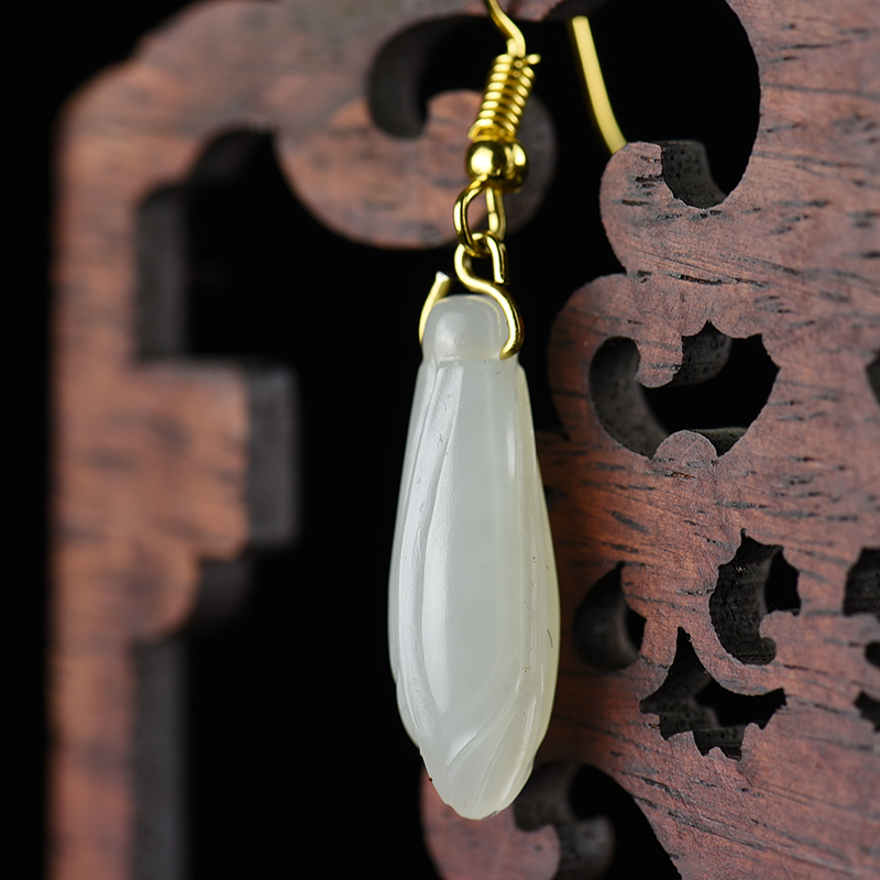 银镶山料天然和田白玉耳环-红掌柜