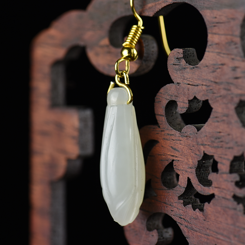 天然和田白玉玉兰花耳环-红掌柜