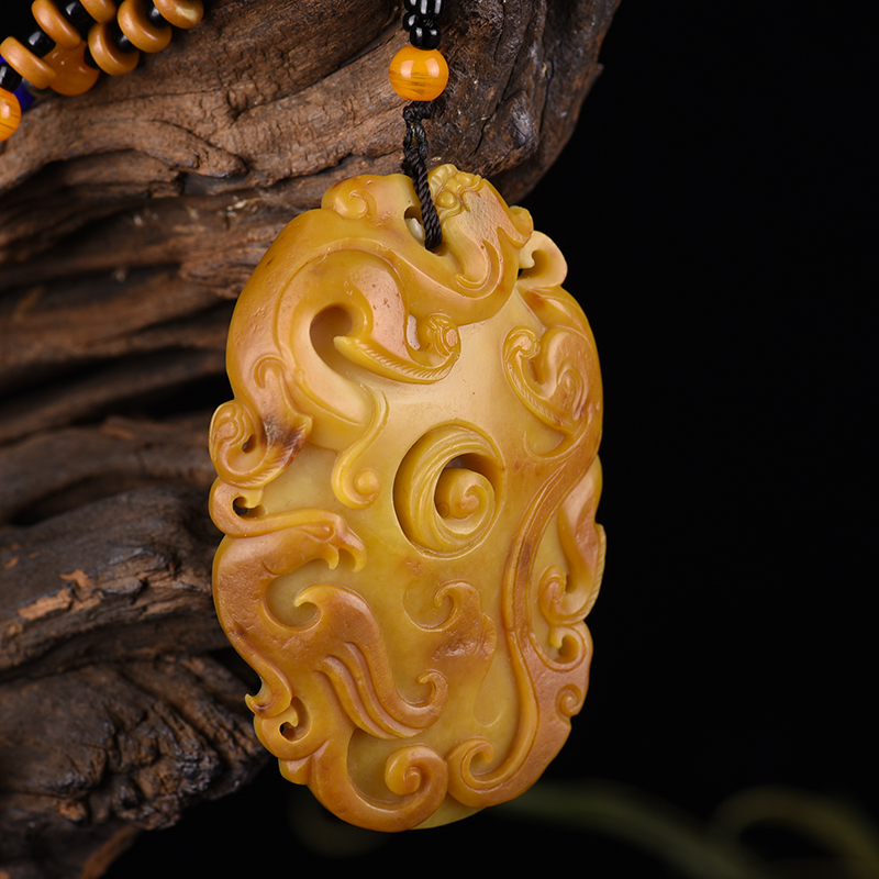 和田黄沁龙凤鸡心佩吊坠-红掌柜