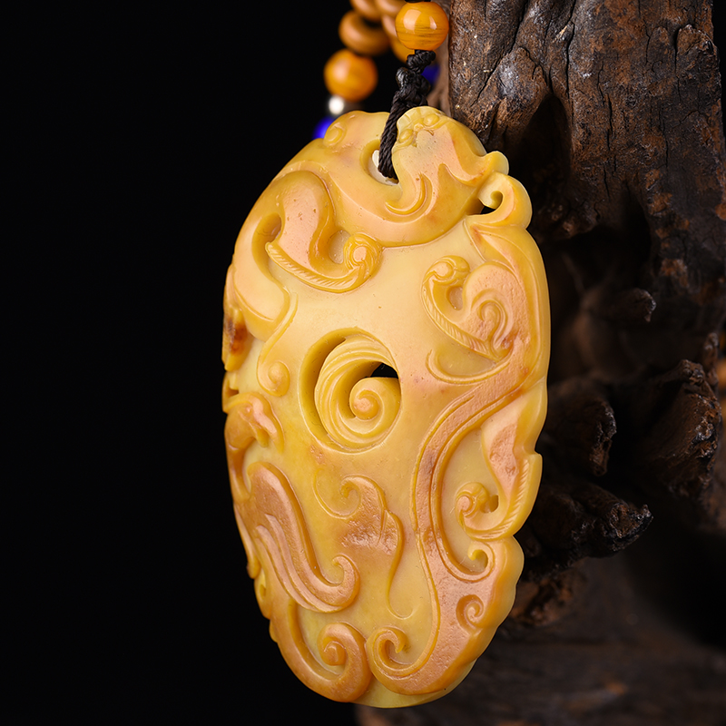 籽料和田黄沁龙凤吊坠-红掌柜