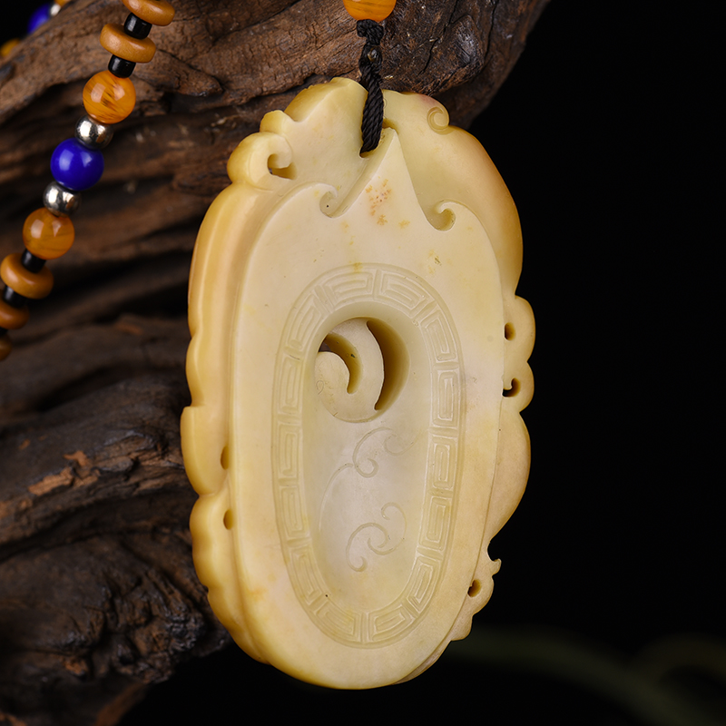 新疆和田黄沁龙凤鸡心佩吊坠-红掌柜