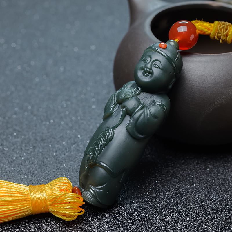 和田青玉送财童子手把件-红掌柜