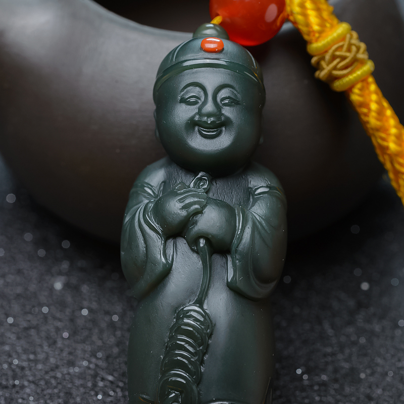 天然和田青玉送财童子手把件-红掌柜