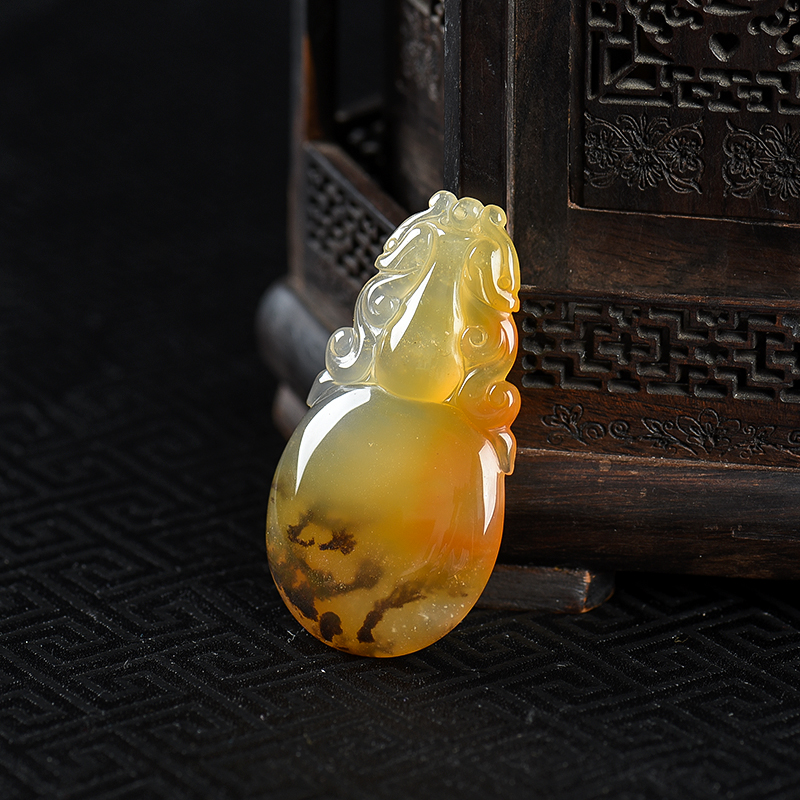 天然俏色黄龙玉水草花福禄吊坠-红掌柜