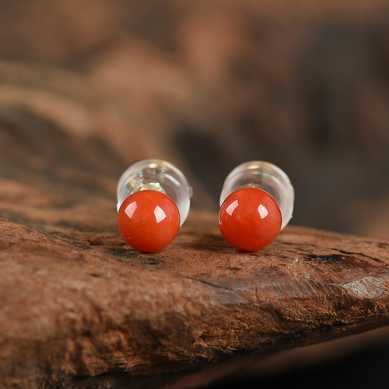 天然沙丁深红珊瑚正圆耳钉-红掌柜