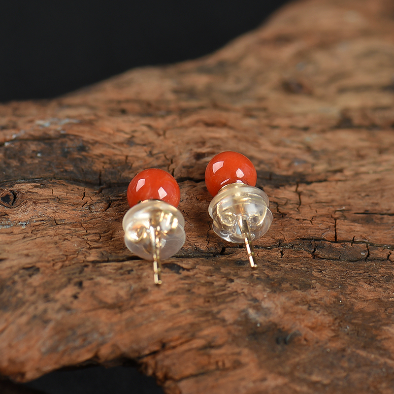 意大利天然深红珊瑚正圆耳钉-红掌柜