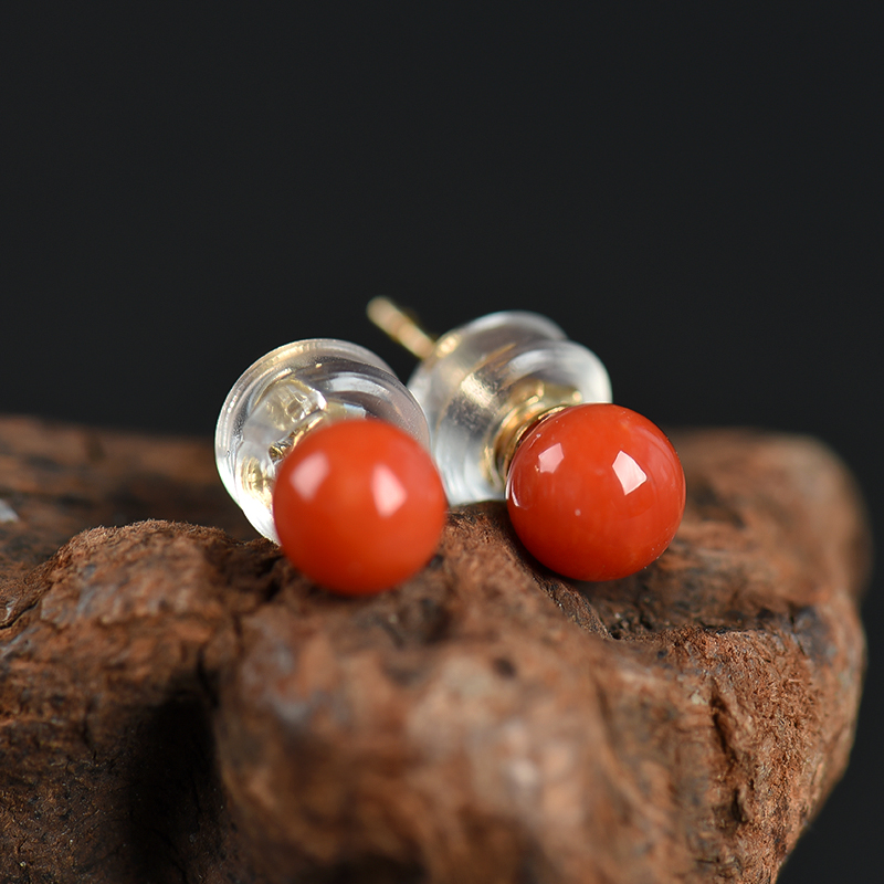 意大利天然沙丁珊瑚正圆耳钉-红掌柜