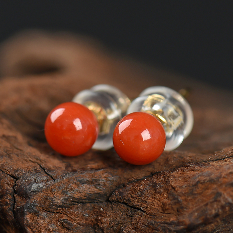 意大利天然沙丁深红珊瑚耳钉-红掌柜