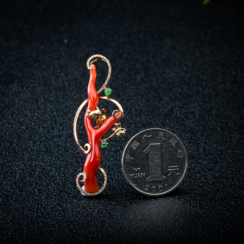 18K天然台湾阿卡正红珊瑚原枝吊坠-红掌柜
