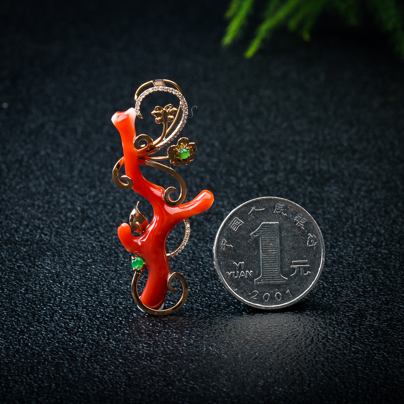 18K天然台湾阿卡正红珊瑚原枝吊坠-红掌柜