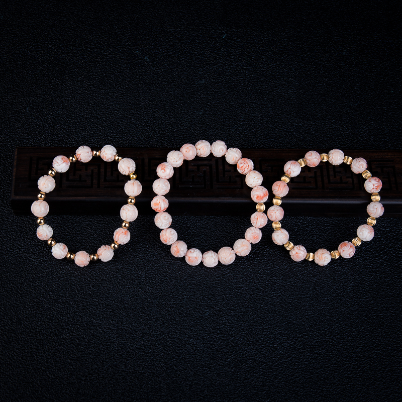 9.6mm深水粉白色珊瑚龙珠单圈手串-红掌柜