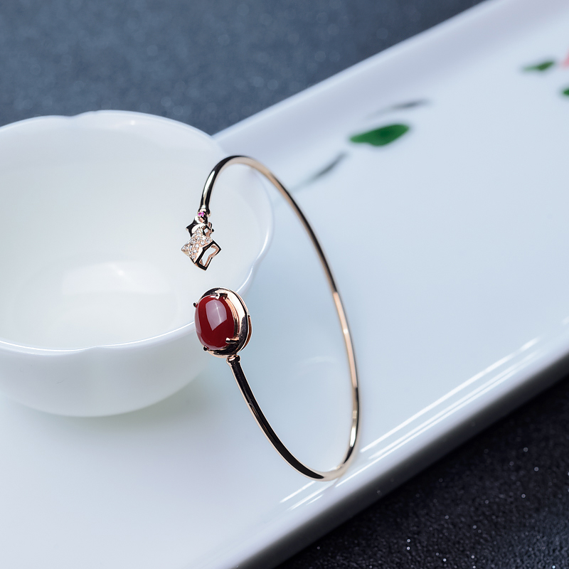 18K金镶钻阿卡珊瑚手镯-红掌柜