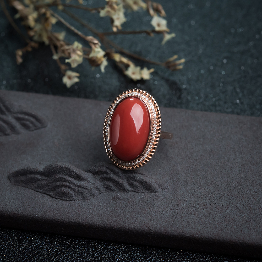 18K沙丁朱红珊瑚戒指-红掌柜