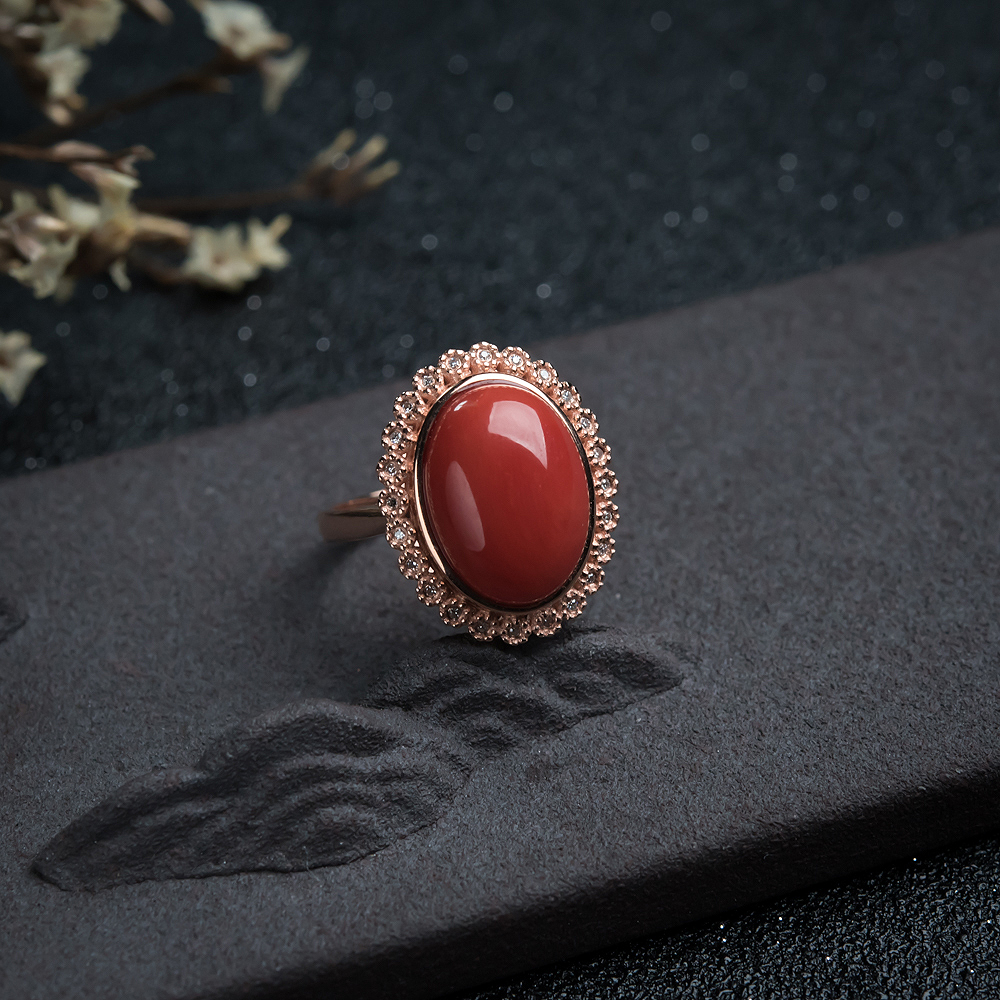 金镶钻沙丁朱红珊瑚戒指-红掌柜