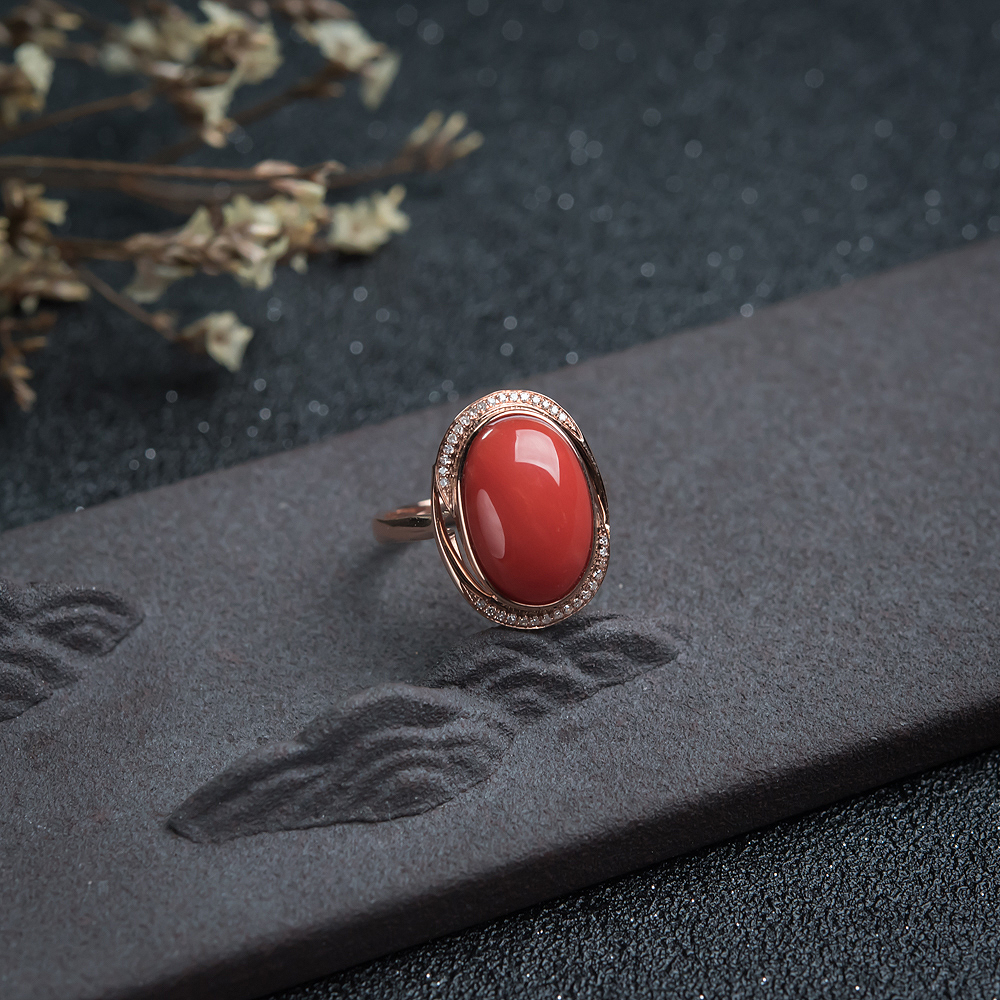 金镶钻沙丁朱红珊瑚戒指-红掌柜