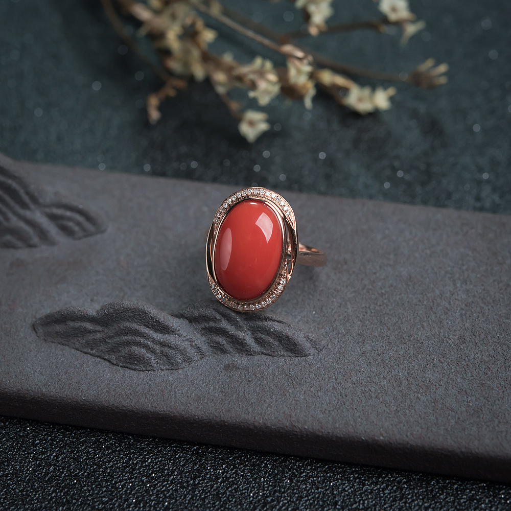 18K沙丁朱红珊瑚戒指-红掌柜