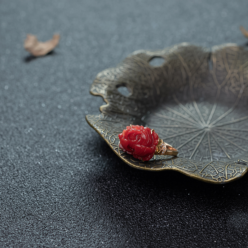 日本天然阿卡珊瑚牡丹花戒指-红掌柜