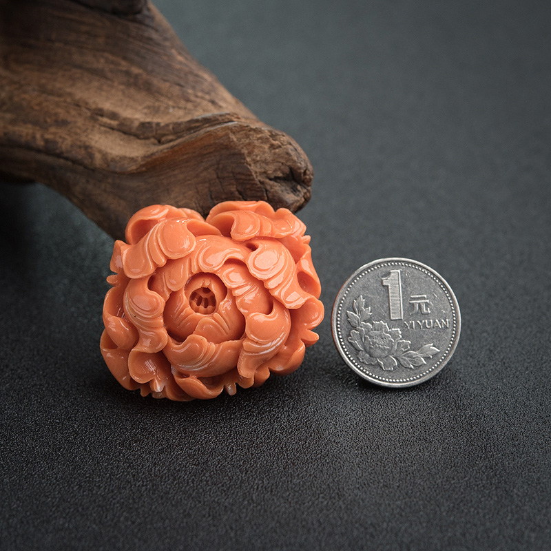 MOMO橘色珊瑚牡丹花挂坠-红掌柜