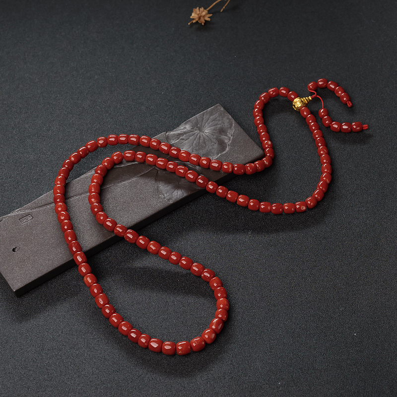 阿卡珊瑚桶珠108佛珠-红掌柜